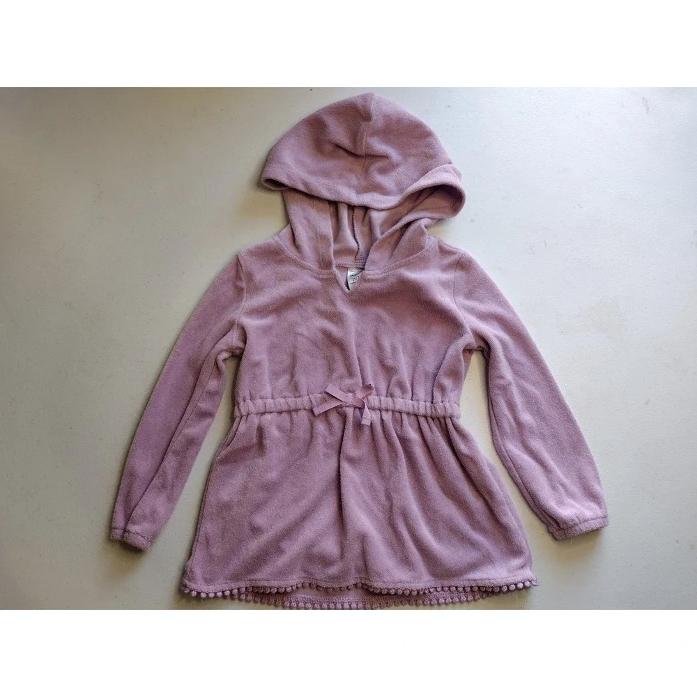 OshKosh Bgosh Girls Purple Terry Cloth Hooded Tunic Pom‎ Pom Trim Top 2t